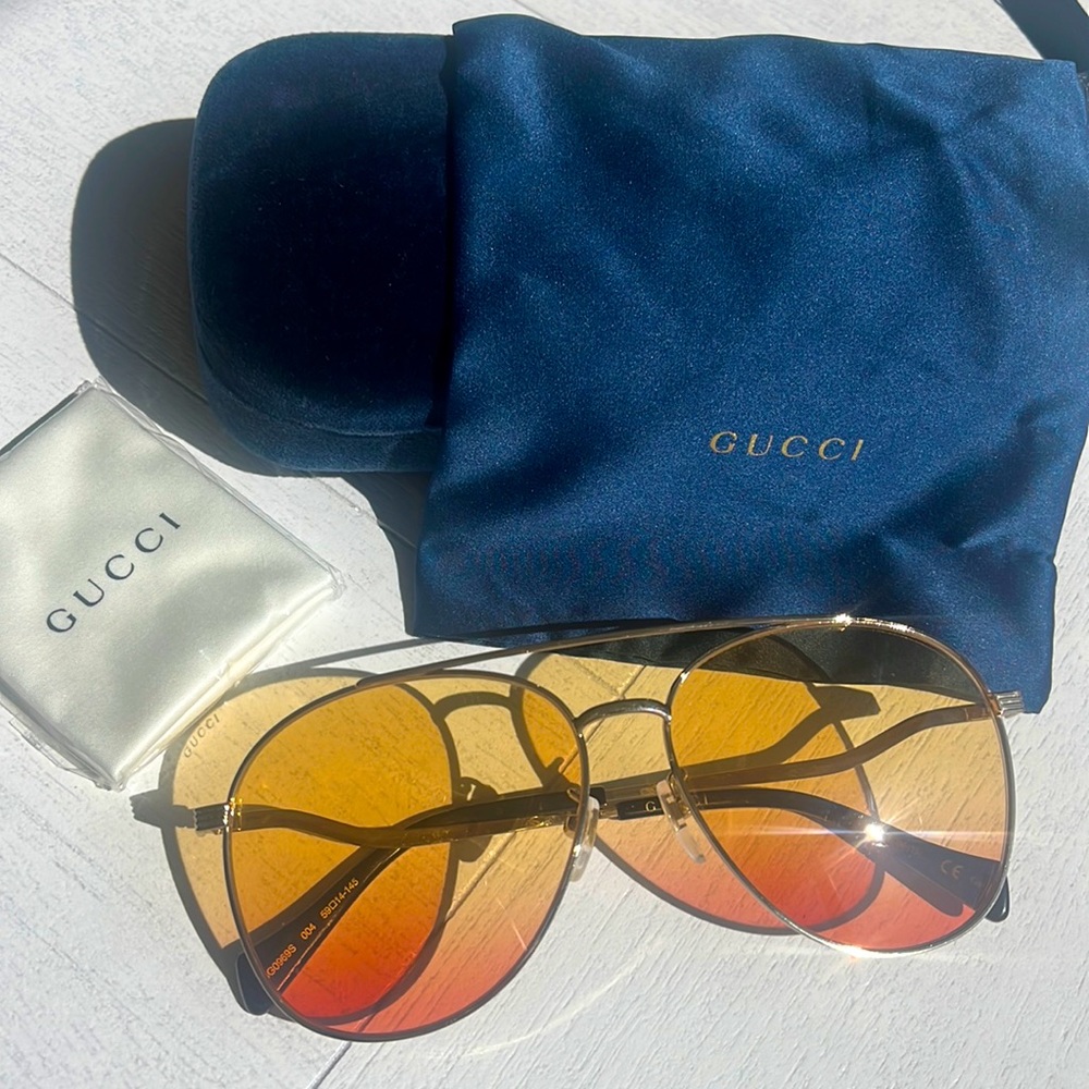 GUCCI Aviator Gradient Sunglasses (Yellow Orange Gradient and Gold Frames)